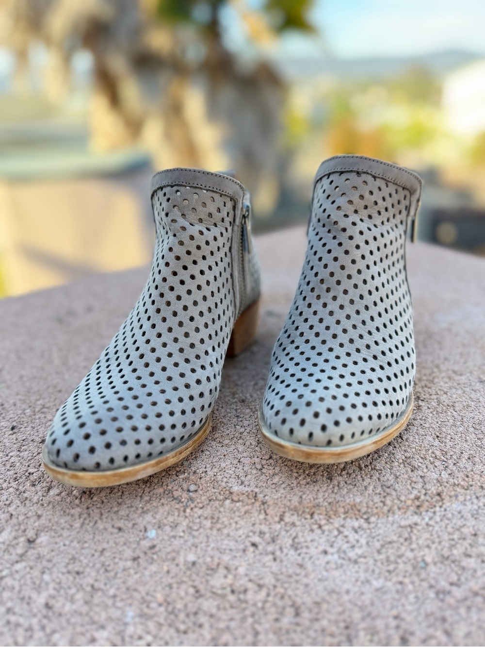 Lucky Brand Perforated Suede Ankle Booties in Taupe